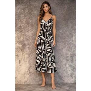 Dress Forum V-Neck Spaghetti Strap Geometric Print MIDI Dress Medium #383